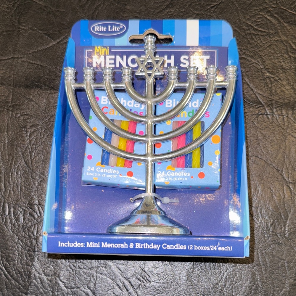 Silver Mini Menorah Set with Colorful Candles, NEW